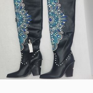 Black Over-the-Knee Boots with Blue Beaded Embellishment
